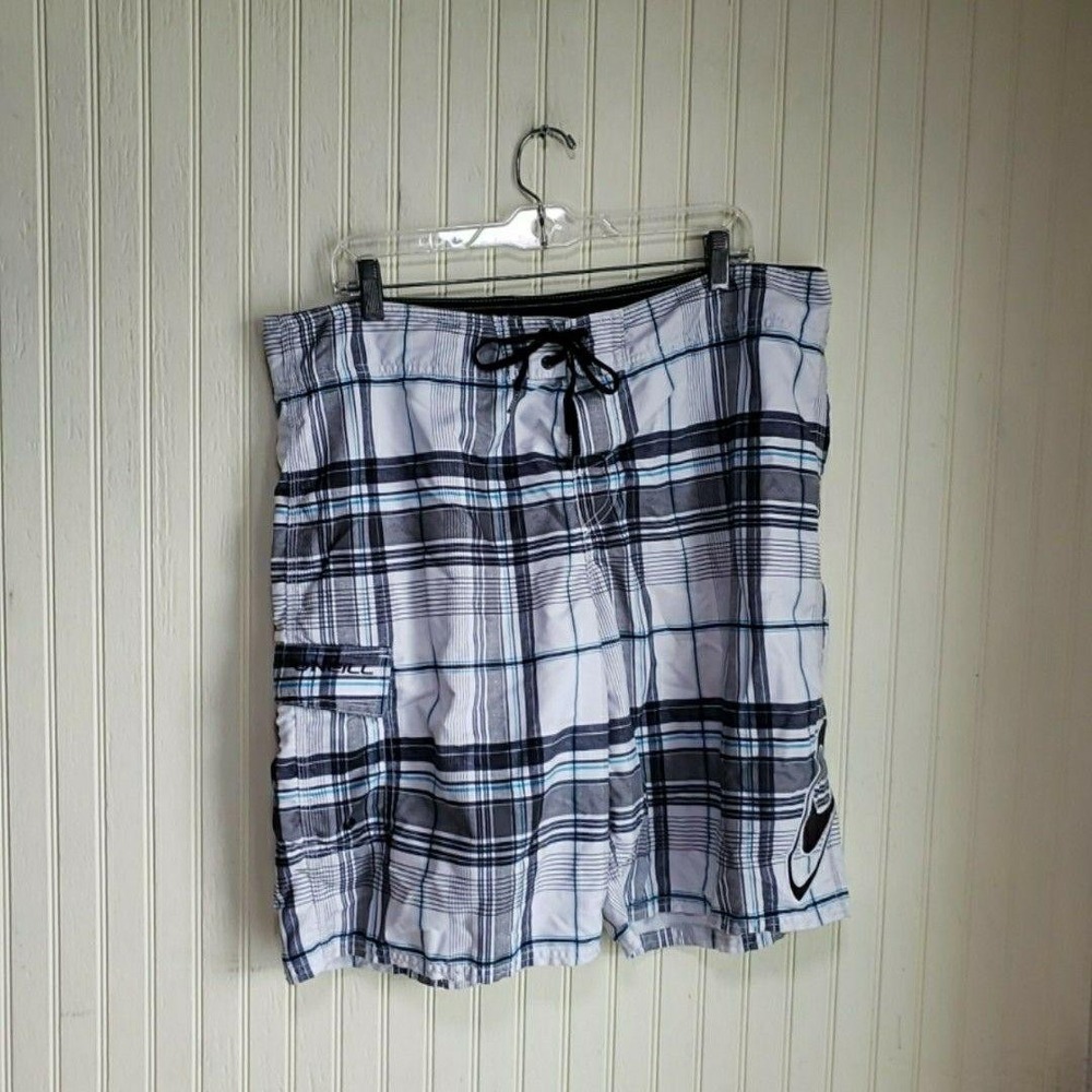 O'Neill Swim Trunks Mens 38 White Plaid Board Shorts Drawstring Pockets Surf